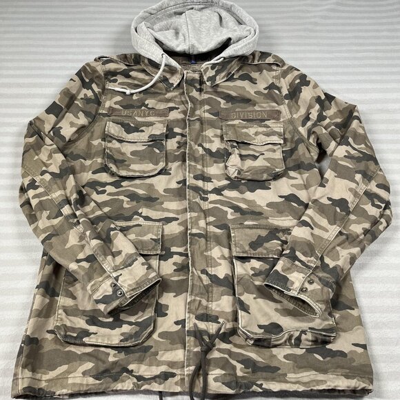 H&M Divided Jacket Mens Large Camo Hooded Military Field Utility Zip 4 Pocket - Picture 1 of 15